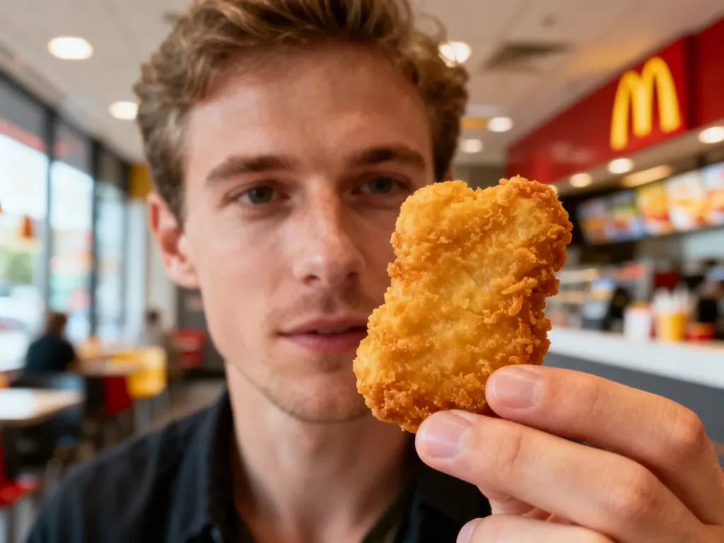 Złocisty, chrupiący nugget z kurczaka trzymany w dłoni na tle wnętrza restauracji McDonald’s.