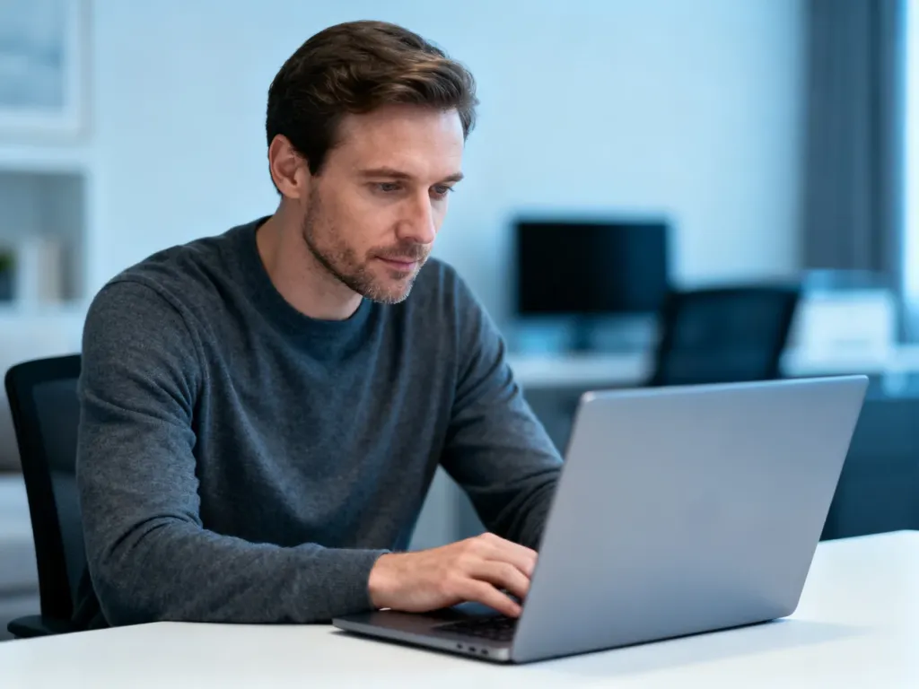 Mężczyzna skupiony na pracy przy laptopie w nowoczesnym biurze domowym, co podkreśla bezpieczeństwo bankowości online.
