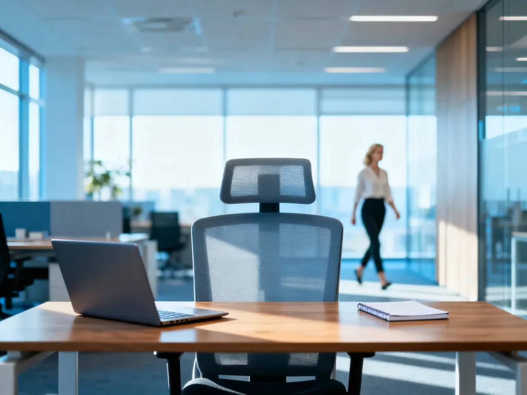 Puste stanowisko pracy z ergonomicznym krzesłem i laptopem, symbolizujące wakat w nowoczesnym biurze.