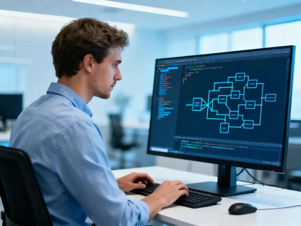 Programista pracujący przy nowoczesnym stanowisku nad architekturą oprogramowania, co ilustruje proces tworzenia kodu.
