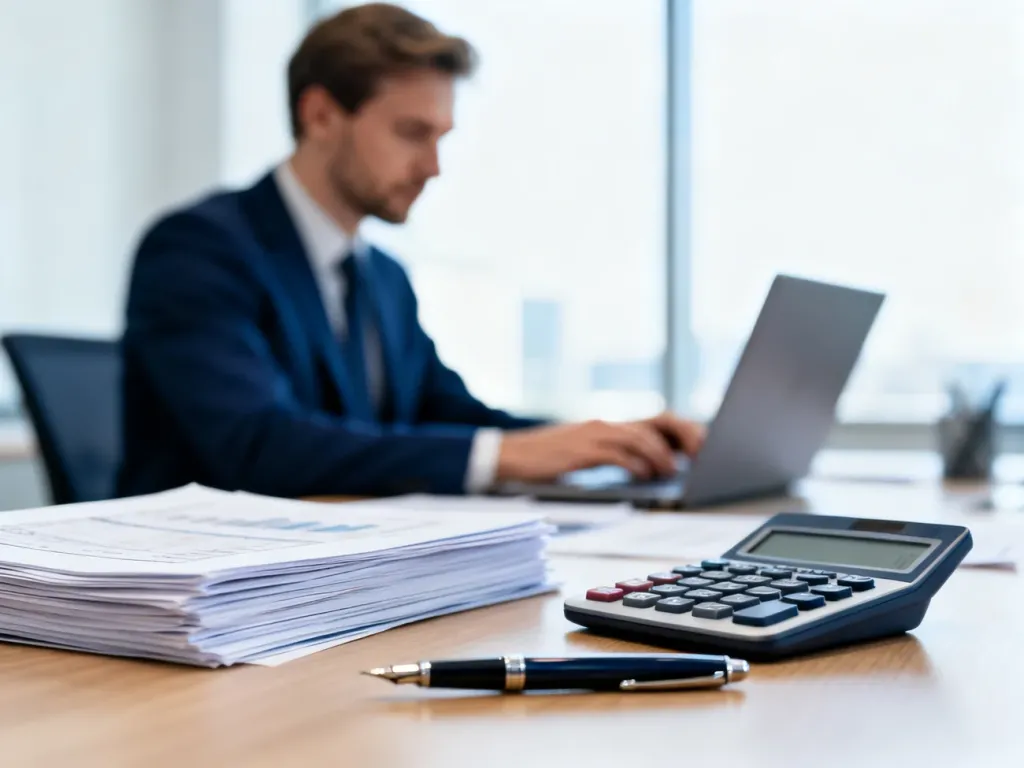 Profesjonalne biurko z dokumentami finansowymi i kalkulatorem oraz pracownik obsługujący laptopa w tle.