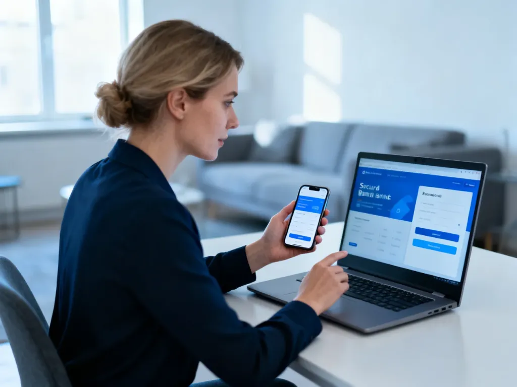 Kobieta korzystająca z laptopa i smartfona w domowym biurze, ilustrująca bezpieczne logowanie do bankowości internetowej.