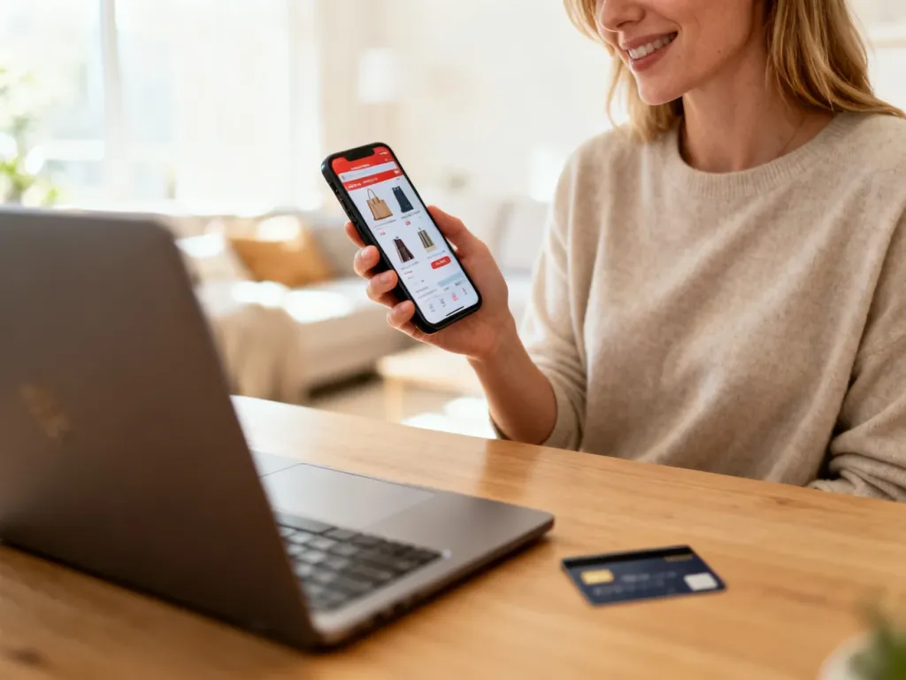 Kobieta przeglądająca ofertę sklepu internetowego na smartfonie, siedząca przy biurku z laptopem i kartą płatniczą.